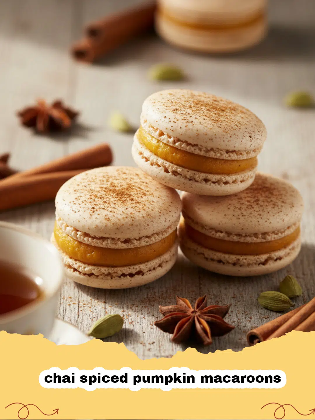 A tray of golden brown chai spiced pumpkin macaroons with a rustic wooden background.