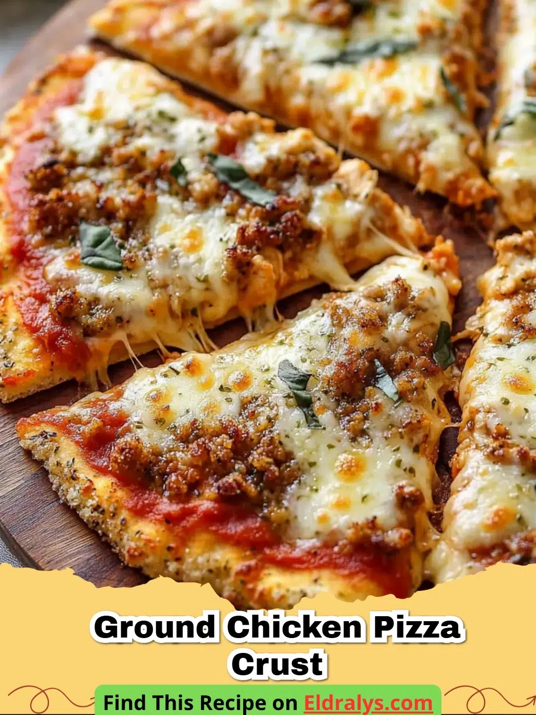 A crispy golden-brown Ground Chicken Pizza Crust topped with melted mozzarella and fresh basil.