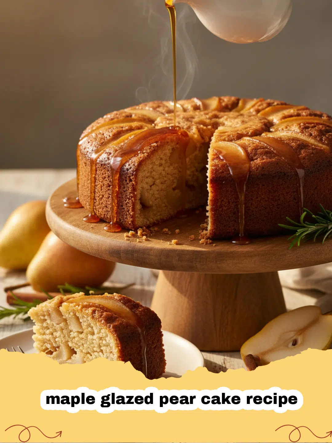 maple glazed pear cake recipe - A beautiful maple glazed pear cake on a wooden serving platter, garnished with fresh pear slices.