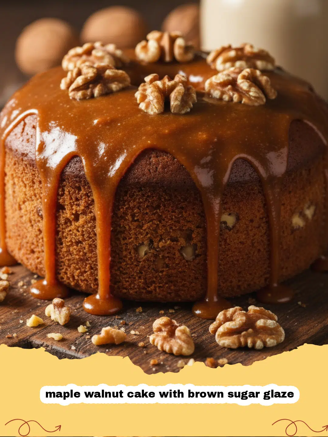 A close-up shot of a maple walnut cake with brown sugar glaze dripping down the sides, topped with walnut halves.
