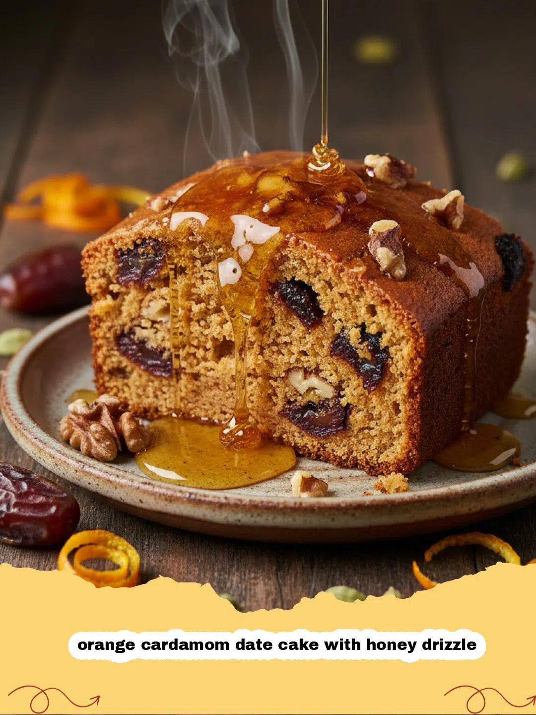 A beautiful slice of orange cardamom date cake with honey drizzle on a white plate.