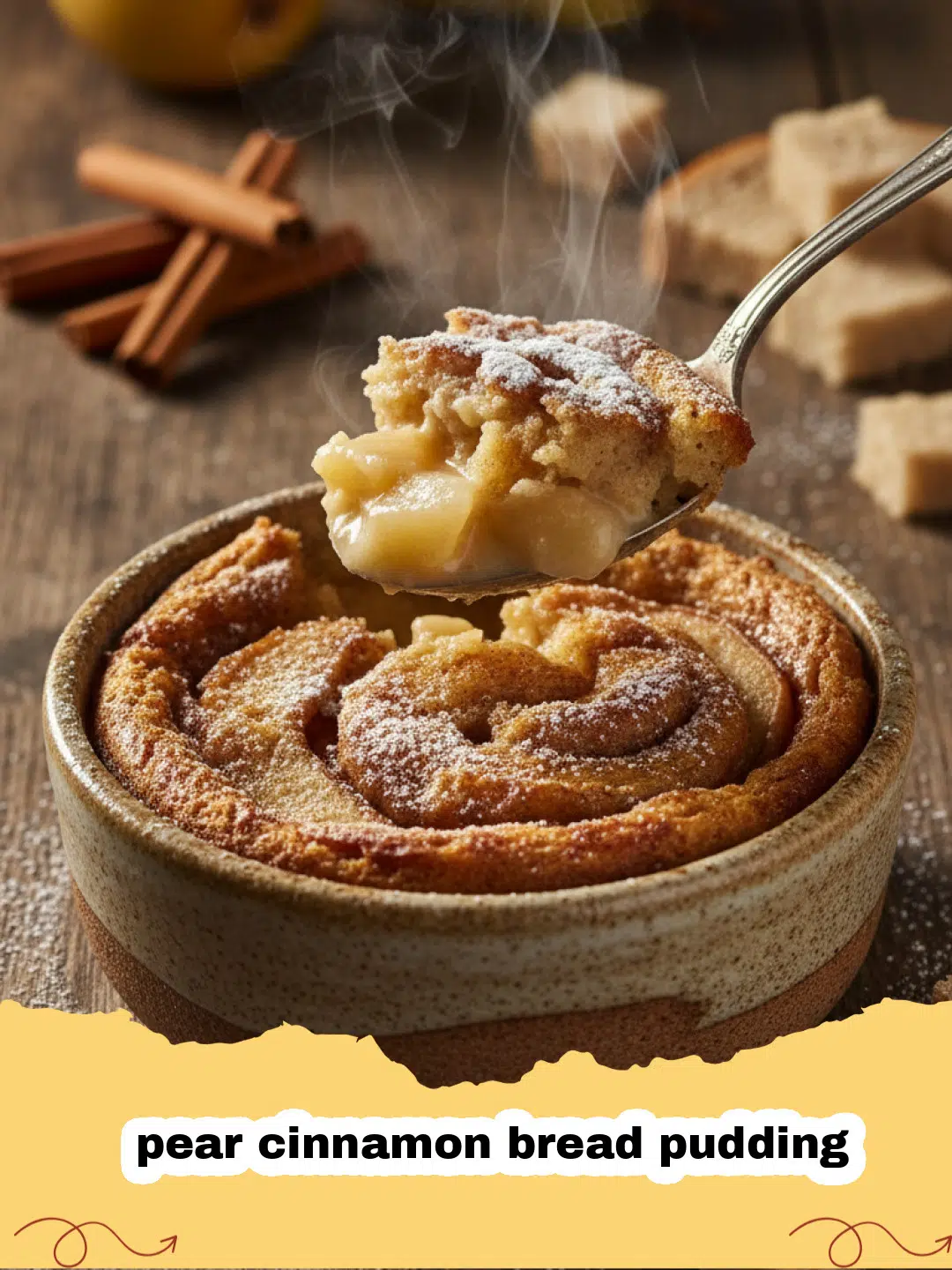 A close-up shot of warm pear cinnamon bread pudding in a glass dish with a golden crust.