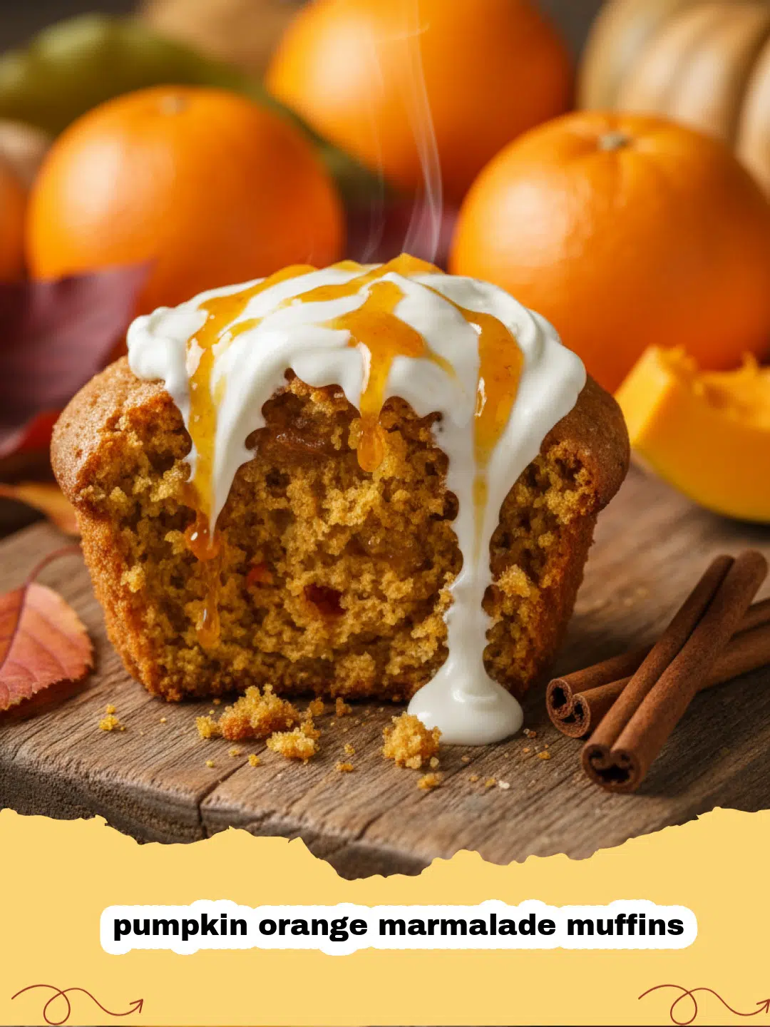 A plate of fresh pumpkin orange marmalade muffins with a zesty citrus glaze.