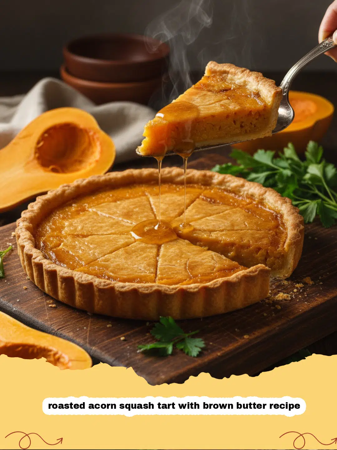roasted acorn squash tart with brown butter recipe - A golden-brown roasted acorn squash tart with crispy sage and brown butter on a wooden serving board.