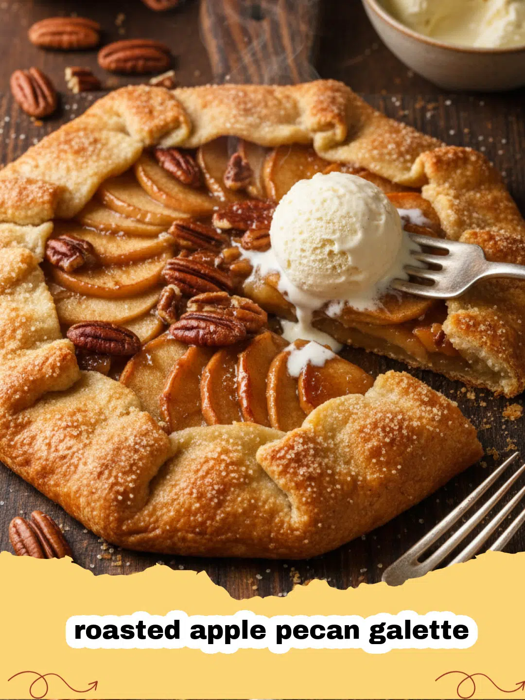 A rustic roasted apple pecan galette on a wooden board