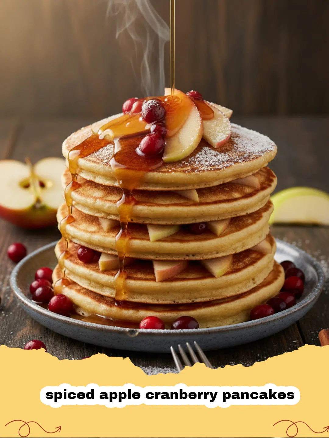 A tall stack of spiced apple cranberry pancakes topped with fresh fruit and dripping maple syrup.