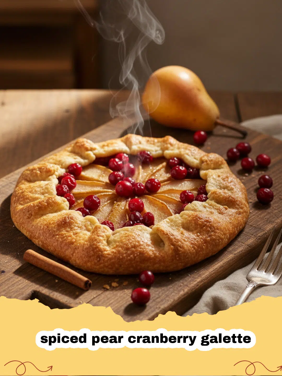 A rustic spiced pear cranberry galette on a baking sheet with golden crust and bubbling fruit.