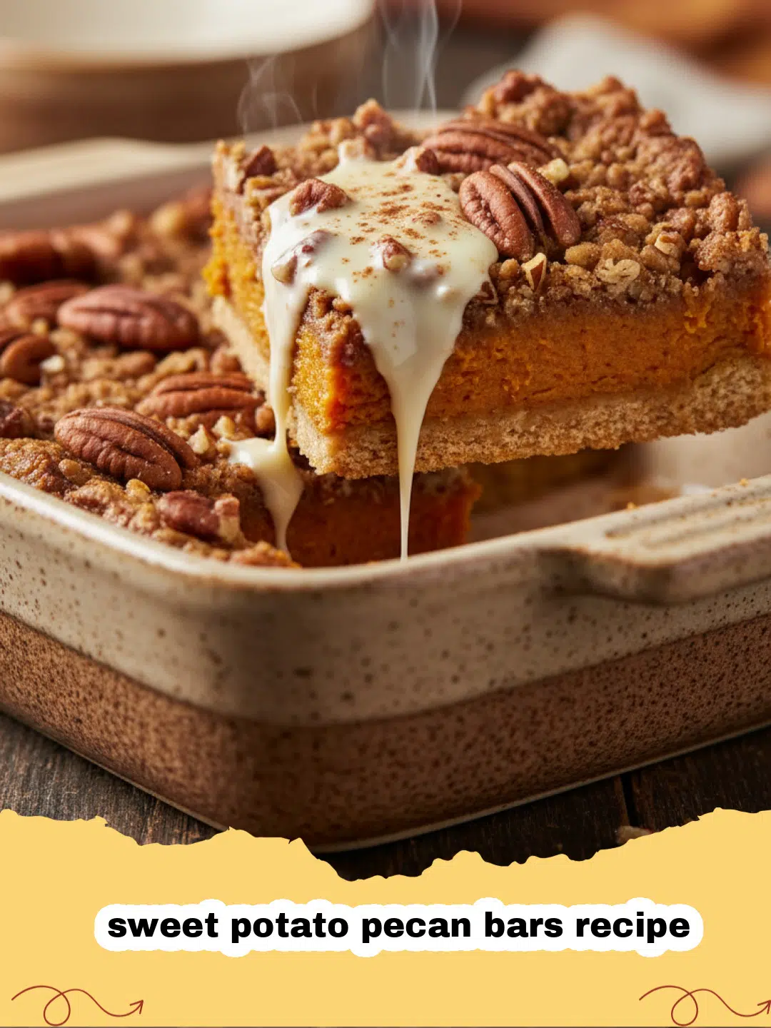 sweet potato pecan bars recipe - A close-up shot of several sliced sweet potato pecan bars stacked on a rustic wooden board.