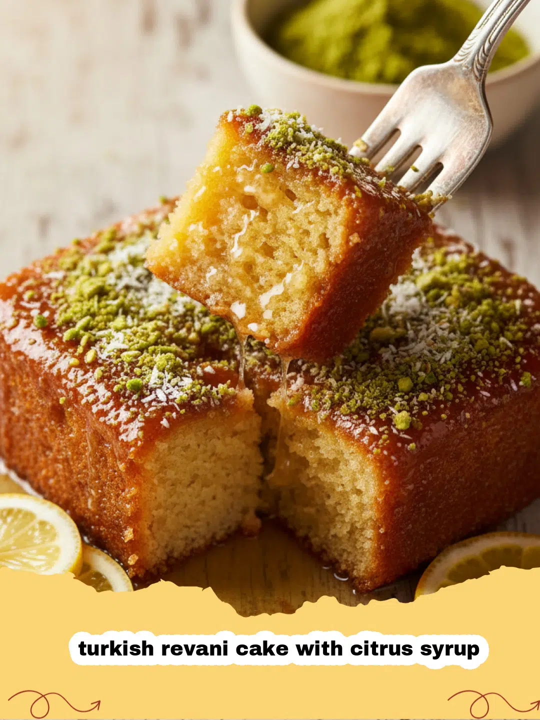turkish revani cake with citrus syrup - A golden slice of Turkish Revani cake garnished with pistachios and orange zest.