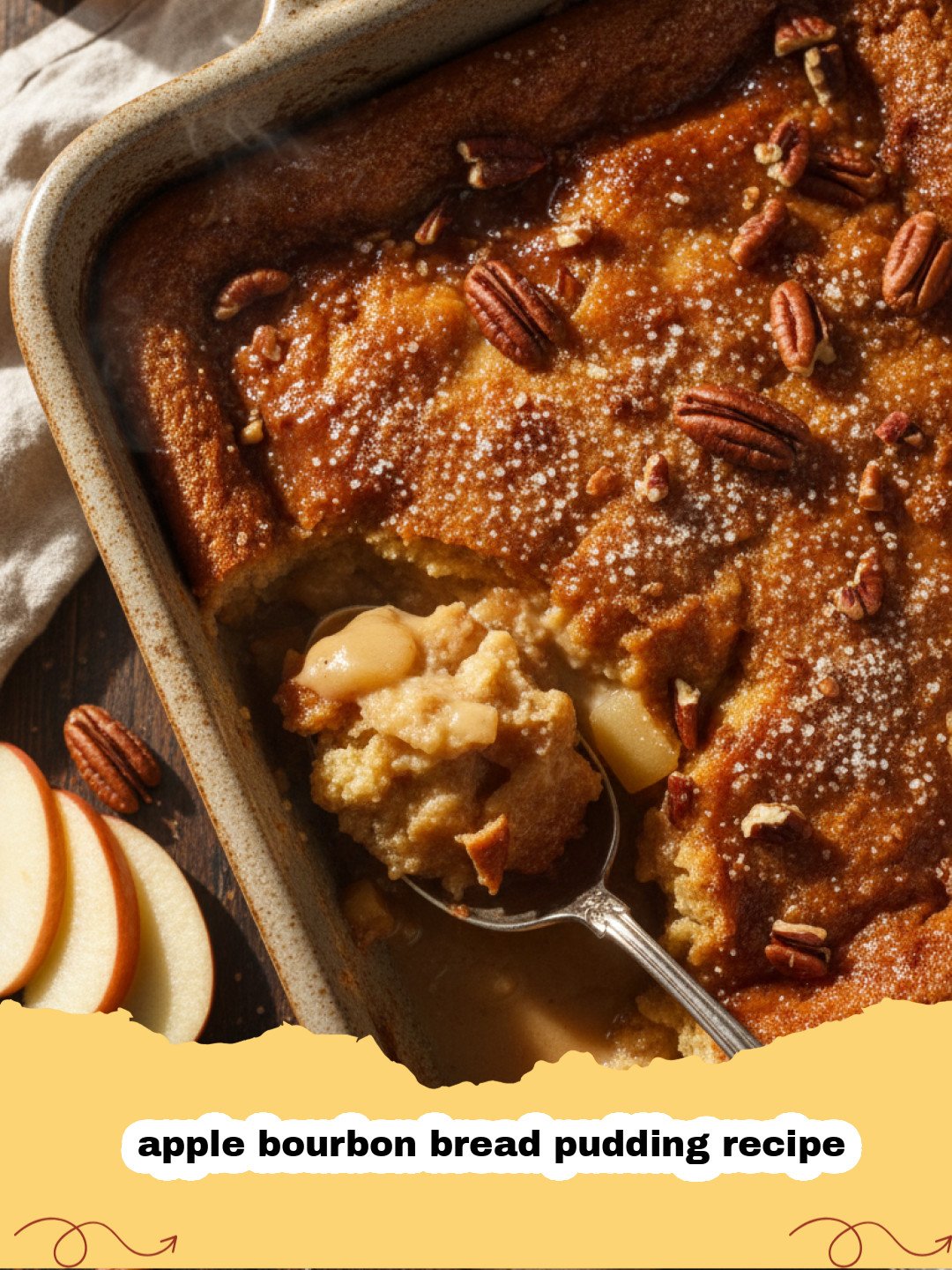 apple bourbon bread pudding recipe - A close-up of a golden brown apple bourbon bread pudding in a glass dish topped with caramel sauce.