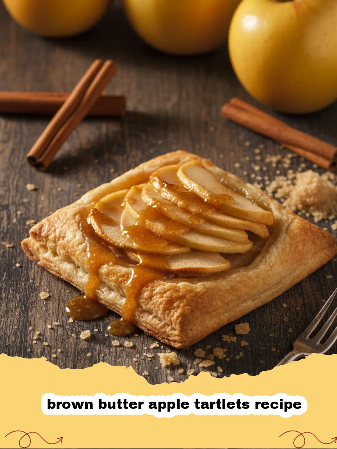 brown butter apple tartlets recipe - A close-up of golden-brown apple tartlets drizzled with brown butter on a rustic wooden table.