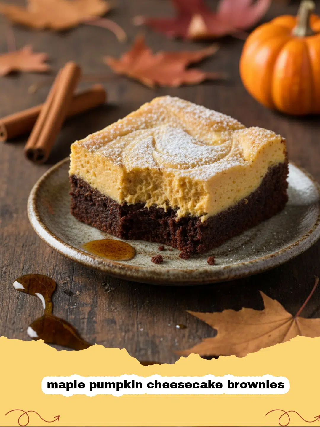 A close-up shot of marbled maple pumpkin cheesecake brownies on a wooden platter.