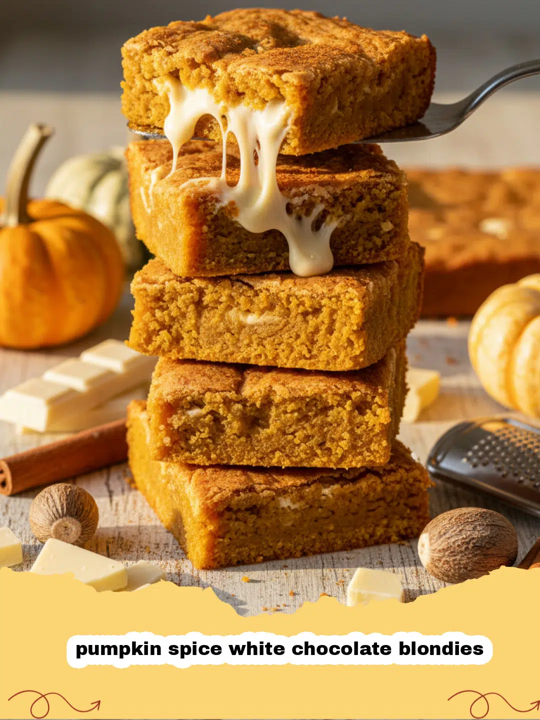 A close up view of several pumpkin spice white chocolate blondies stacked on a wooden board.