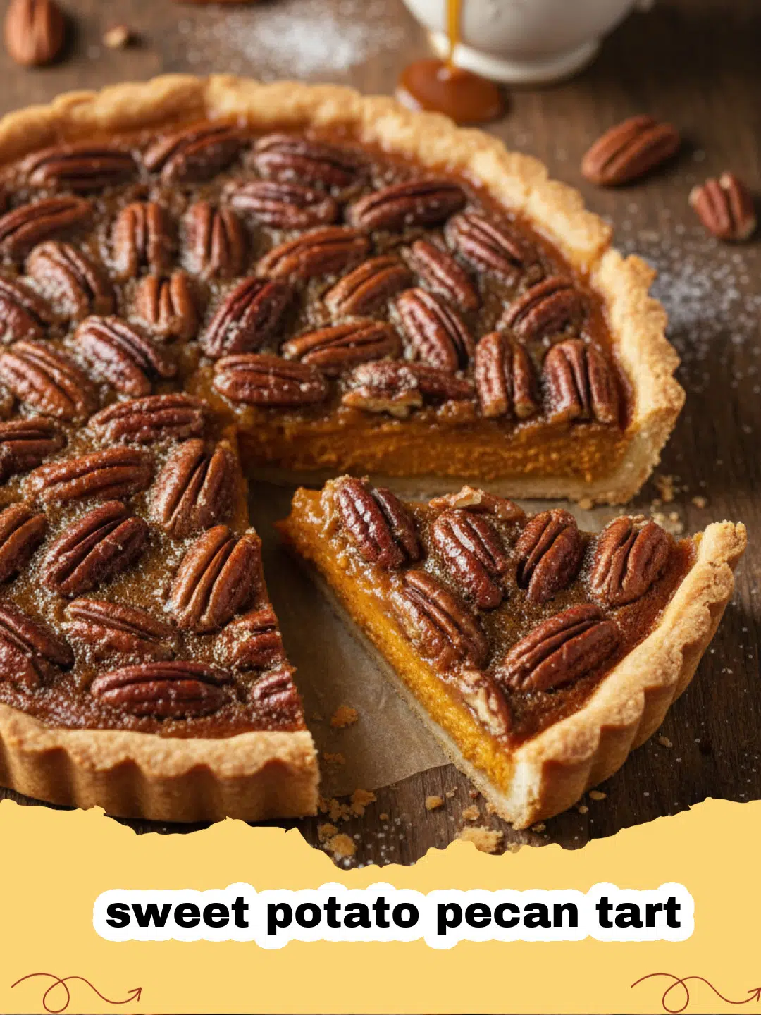 A beautiful sweet potato pecan tart with concentric circles of pecans on top.