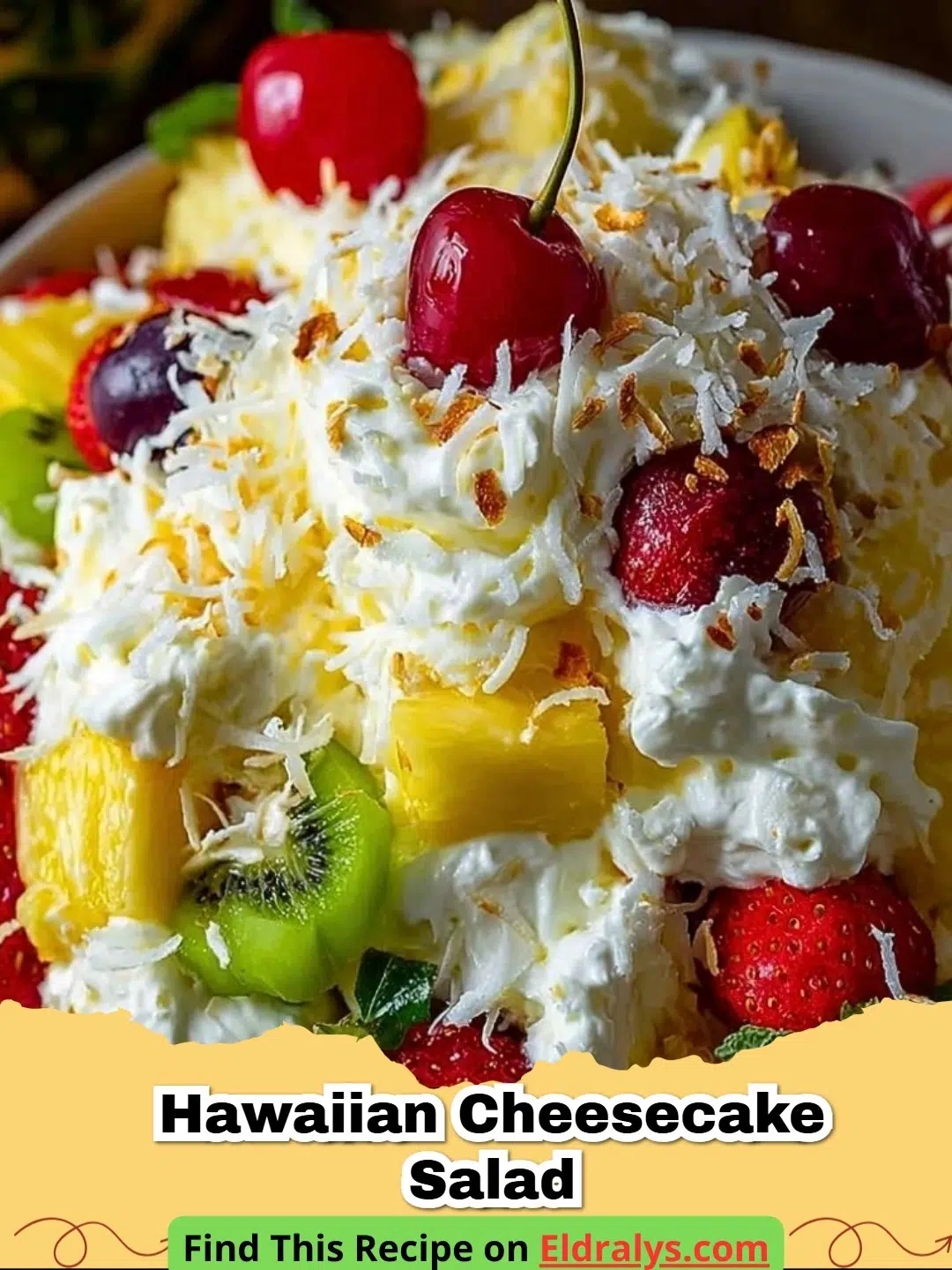 A bowl of creamy Hawaiian Cheesecake Salad with pineapple and oranges