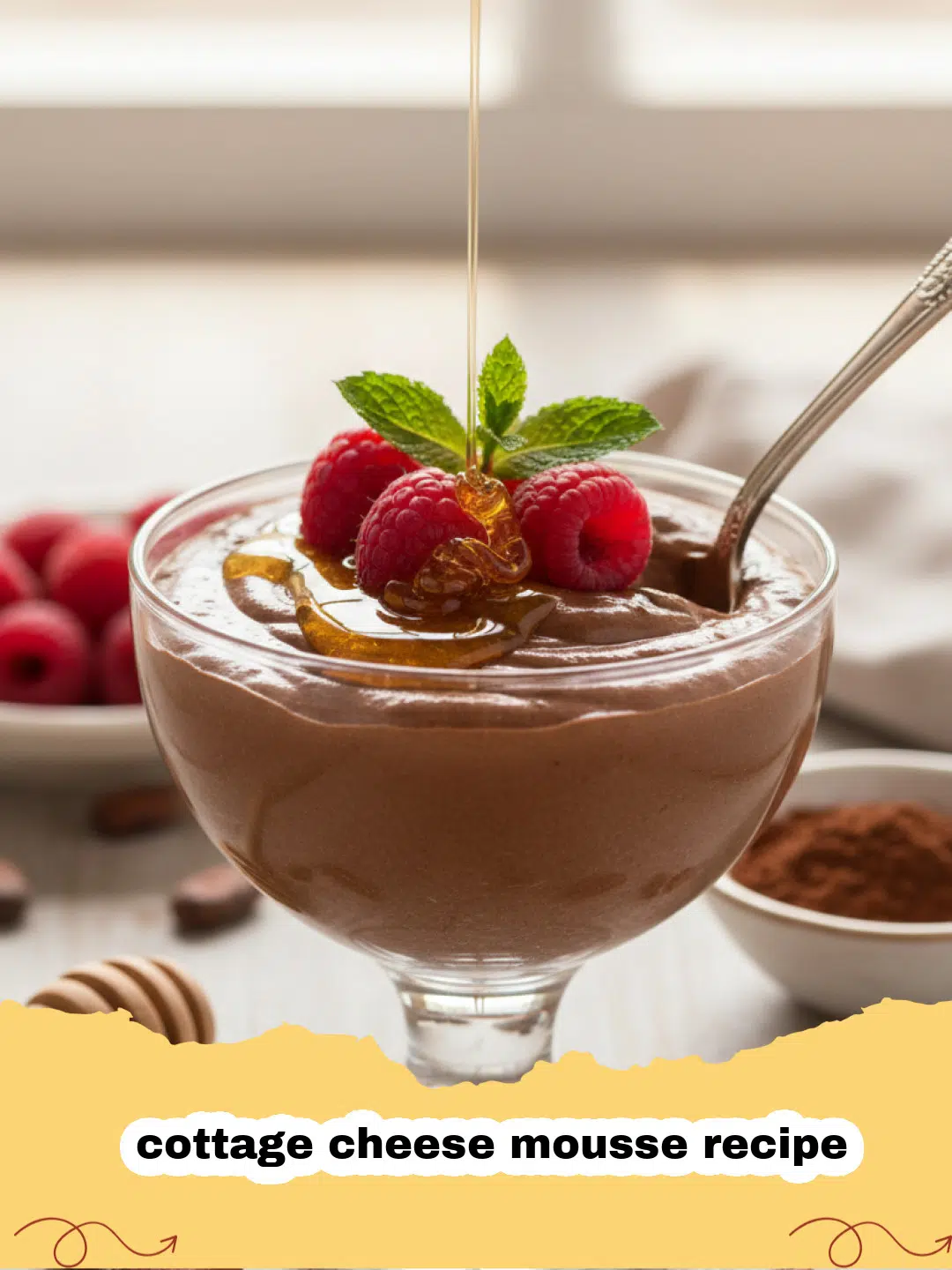 cottage cheese mousse recipe - A creamy bowl of cottage cheese mousse topped with fresh raspberries and a sprig of mint.