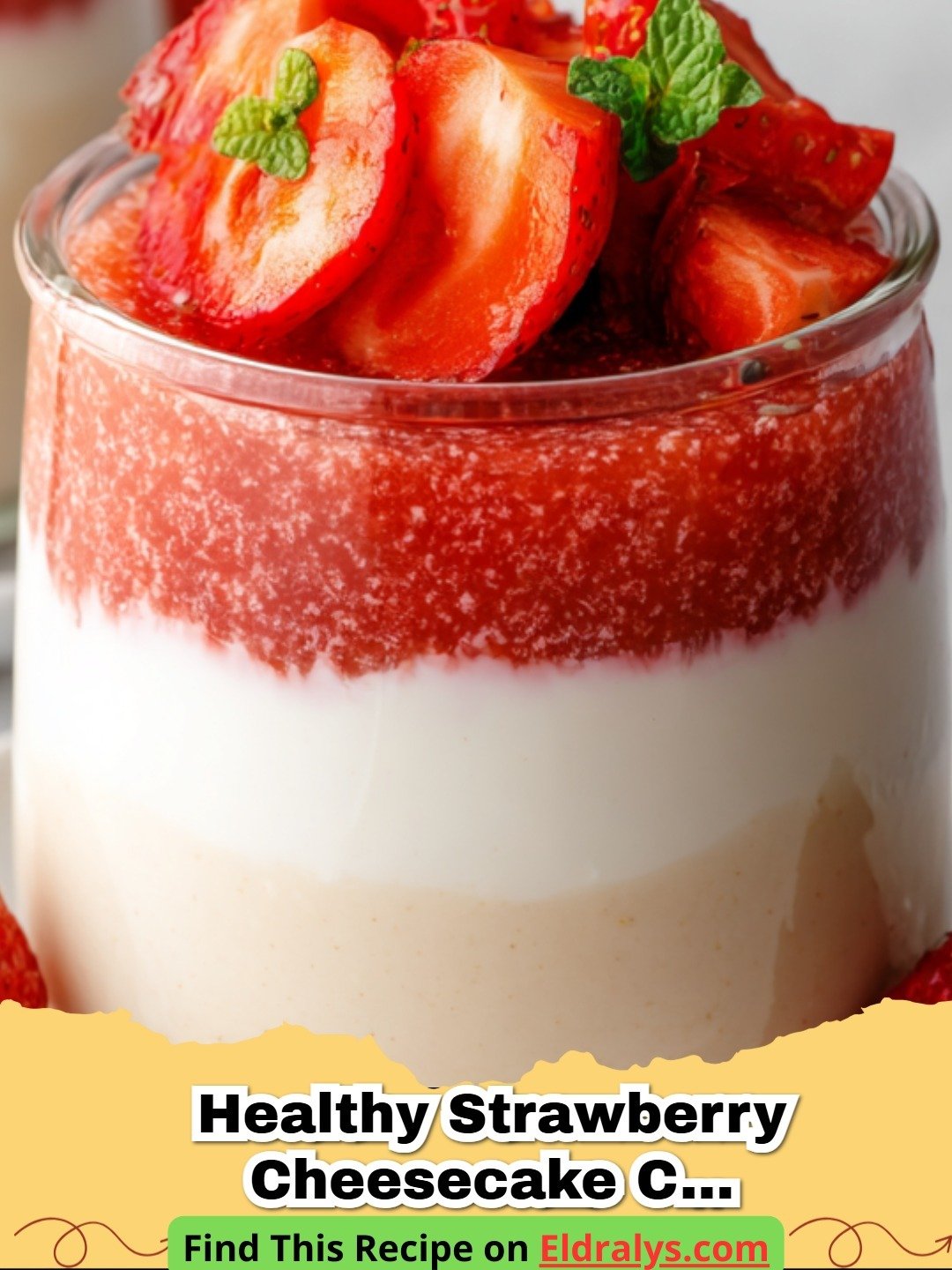 A close up of Healthy Strawberry Cheesecake Chia Pudding in a glass jar topped with fresh berries