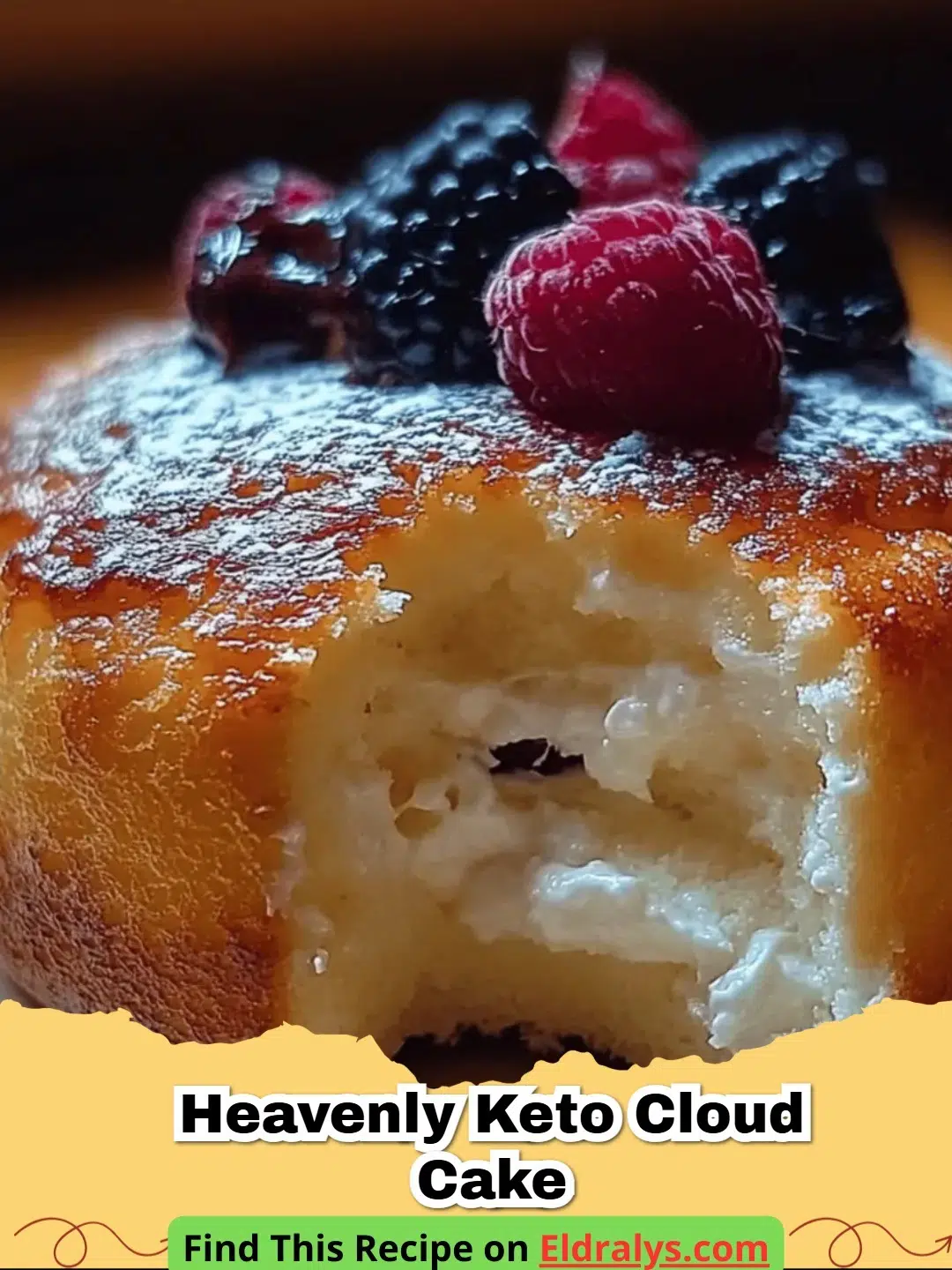 A close up of a slice of Heavenly Keto Cloud Cake topped with berries