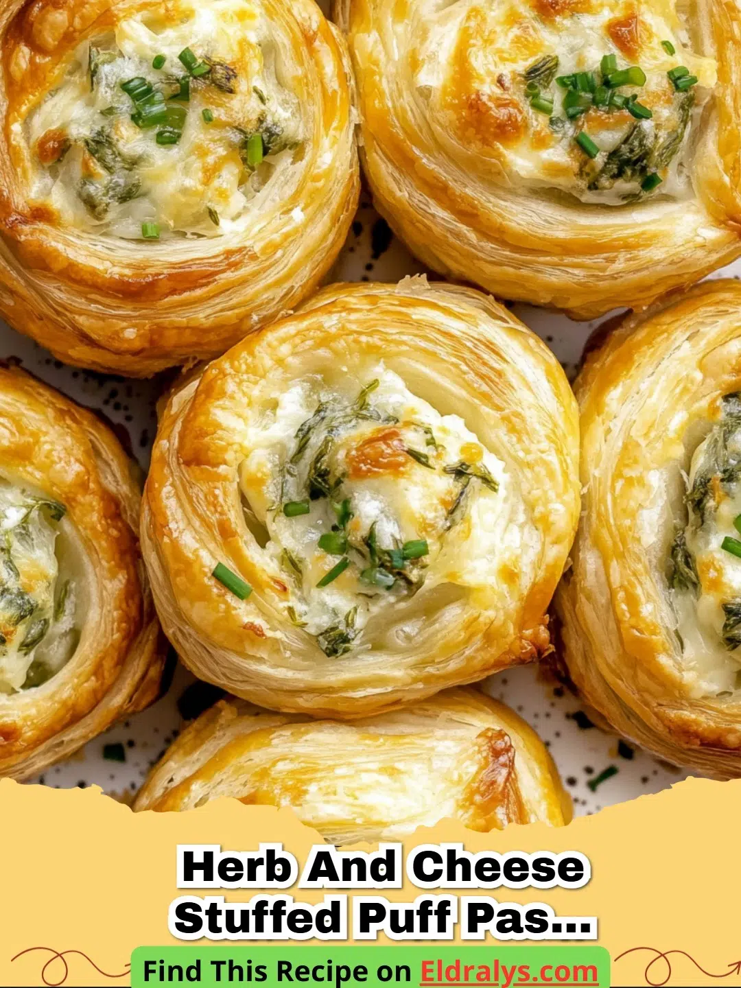 Golden brown Herb and Cheese Stuffed Puff Pastry Bites on a white platter garnished with rosemary.