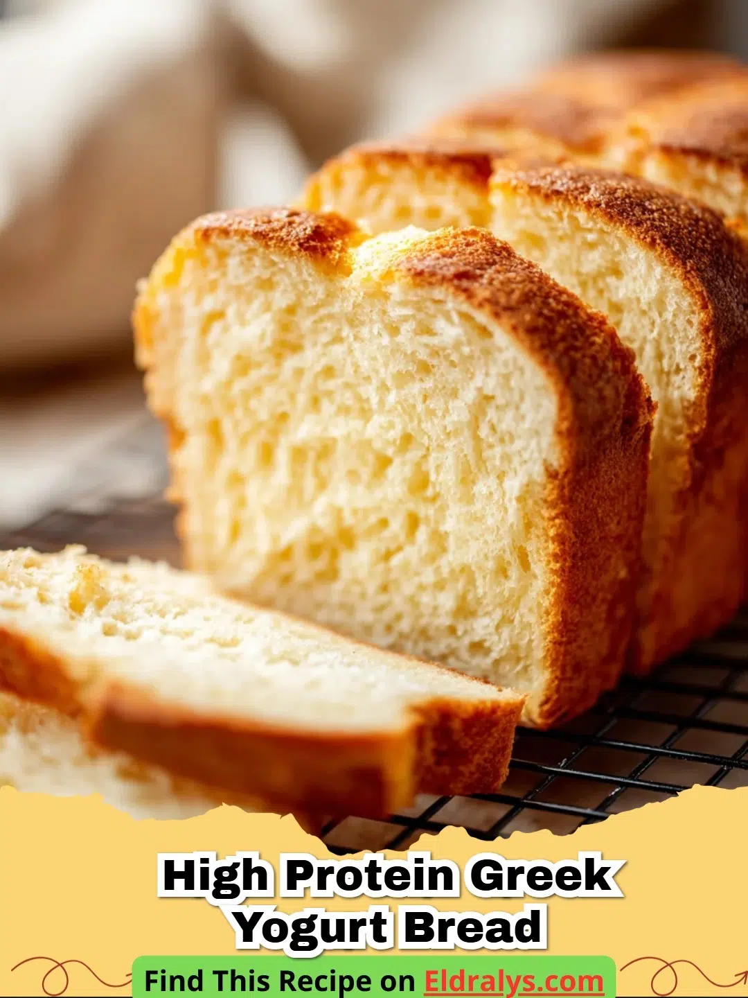 A golden brown loaf of High Protein Greek Yogurt Bread sliced on a wooden board.