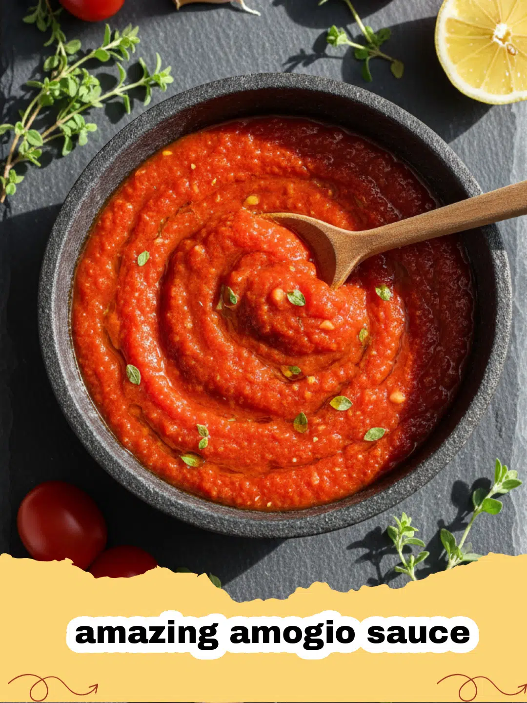 A glass jar of amazing amogio sauce surrounded by fresh lemons and garlic cloves.