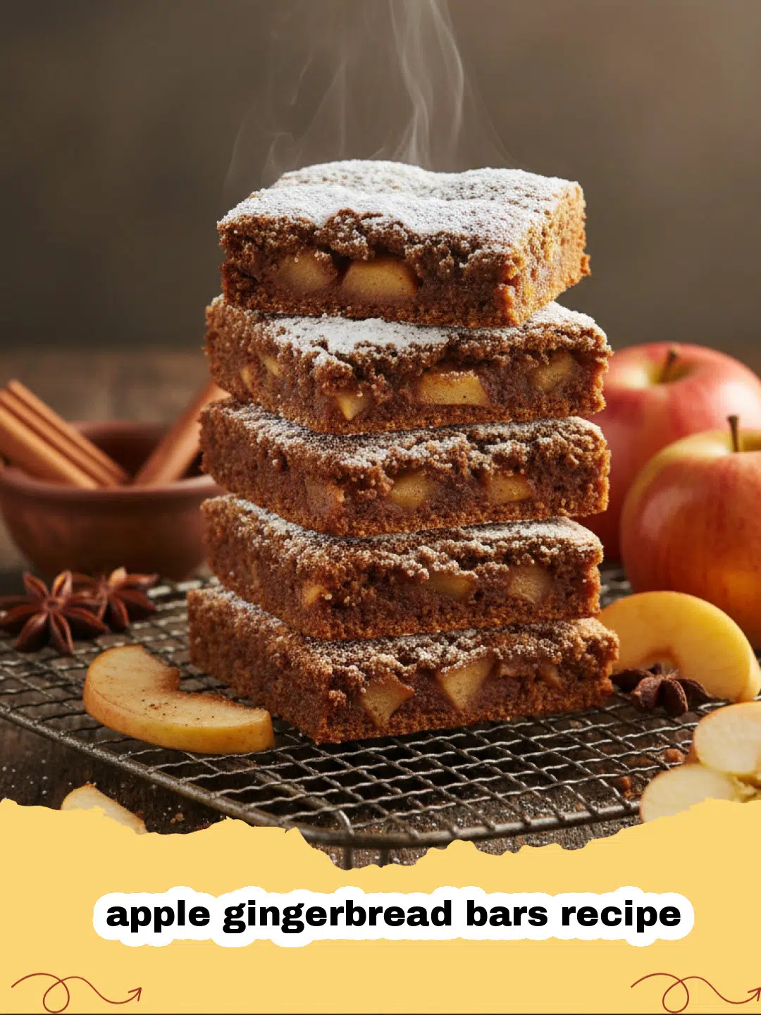 apple gingerbread bars recipe - A close up of sliced apple gingerbread bars on a rustic wooden board.