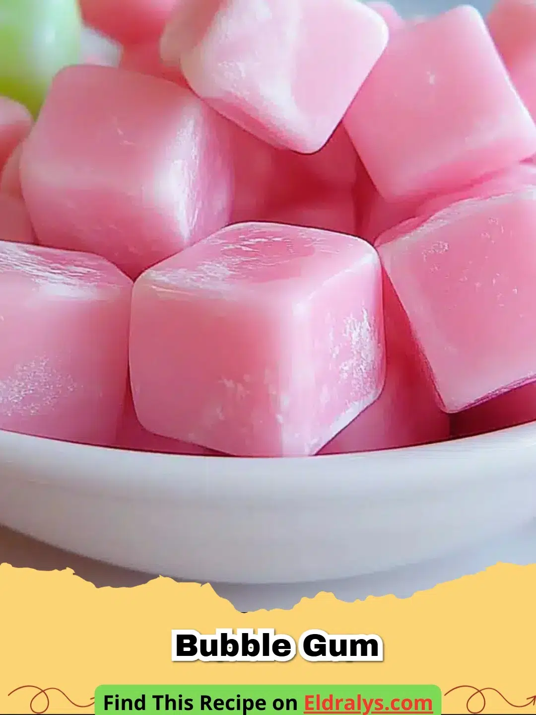 Bubble Gum - Close up of pink homemade bubble gum pieces on a white surface