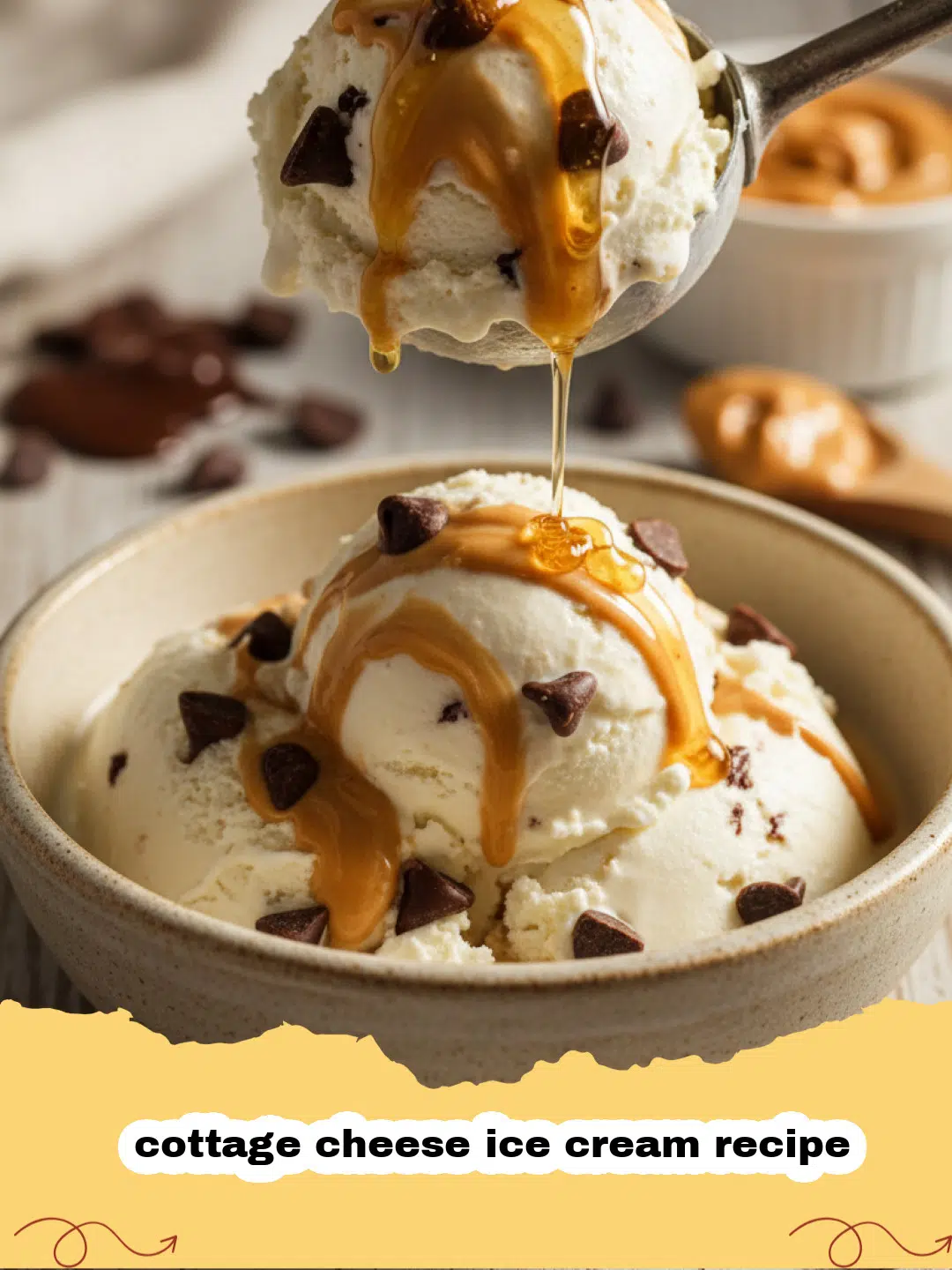 cottage cheese ice cream recipe - A bowl of creamy cottage cheese ice cream topped with chocolate chips and honey drizzle