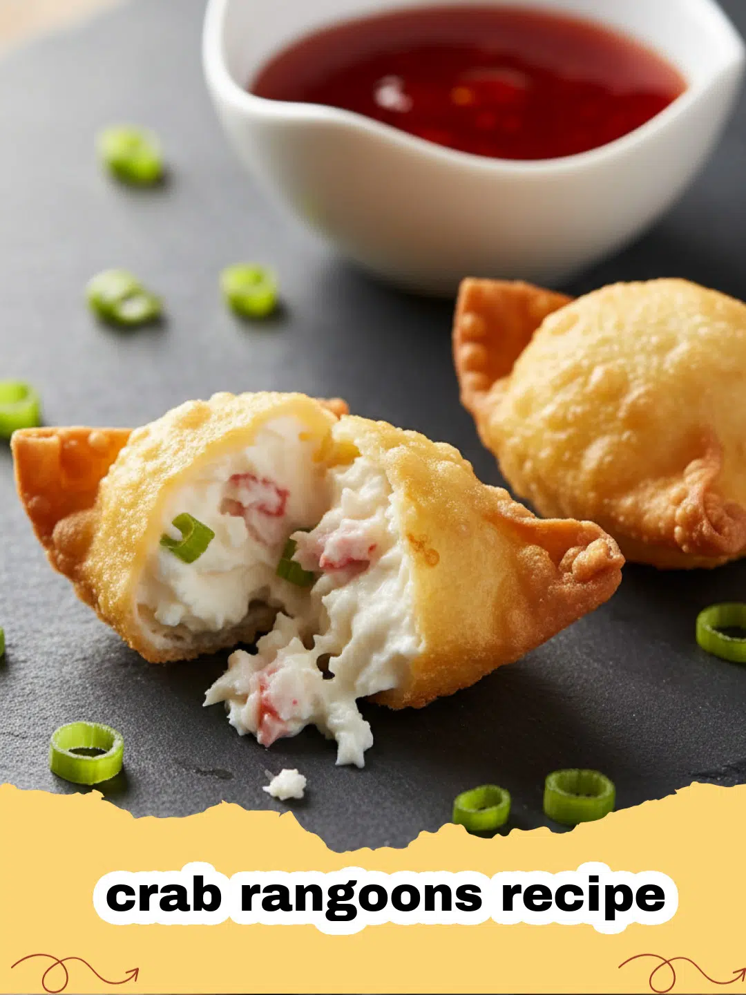 crab rangoons recipe - Golden brown crispy crab rangoons stacked on a plate with dipping sauce.