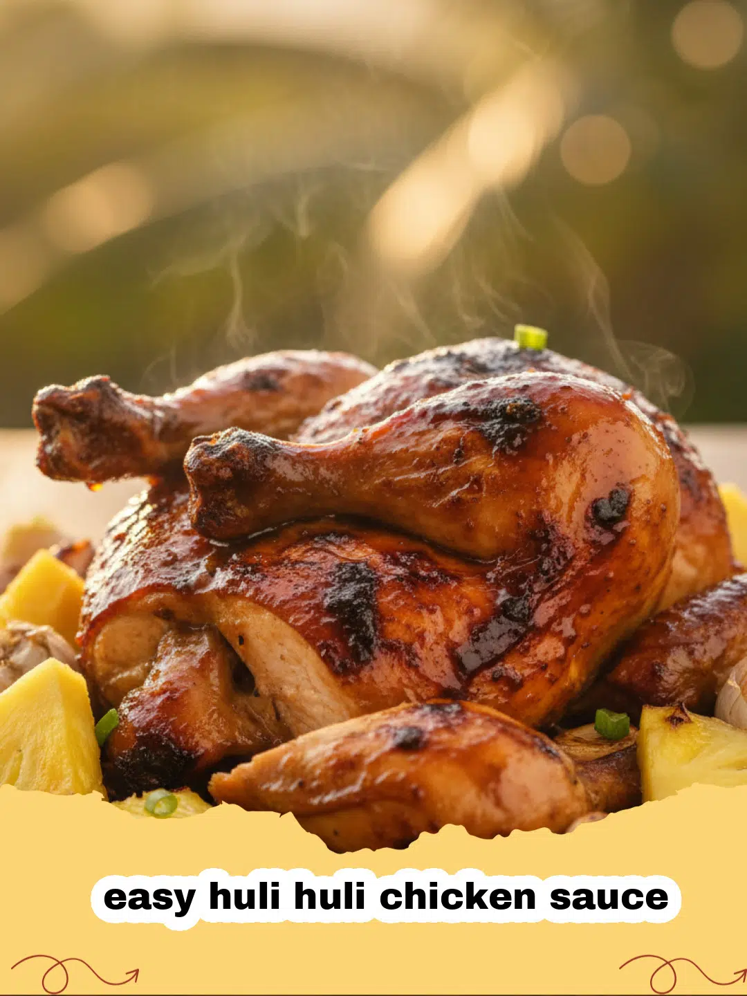 A jar of easy huli huli chicken sauce next to grilled chicken skewers