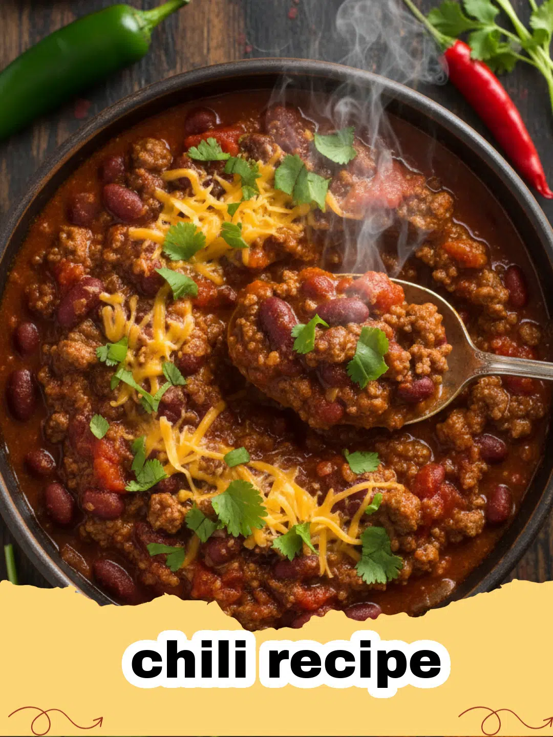 chili recipe - A bowl of hearty beef chili topped with cheese and sour cream.