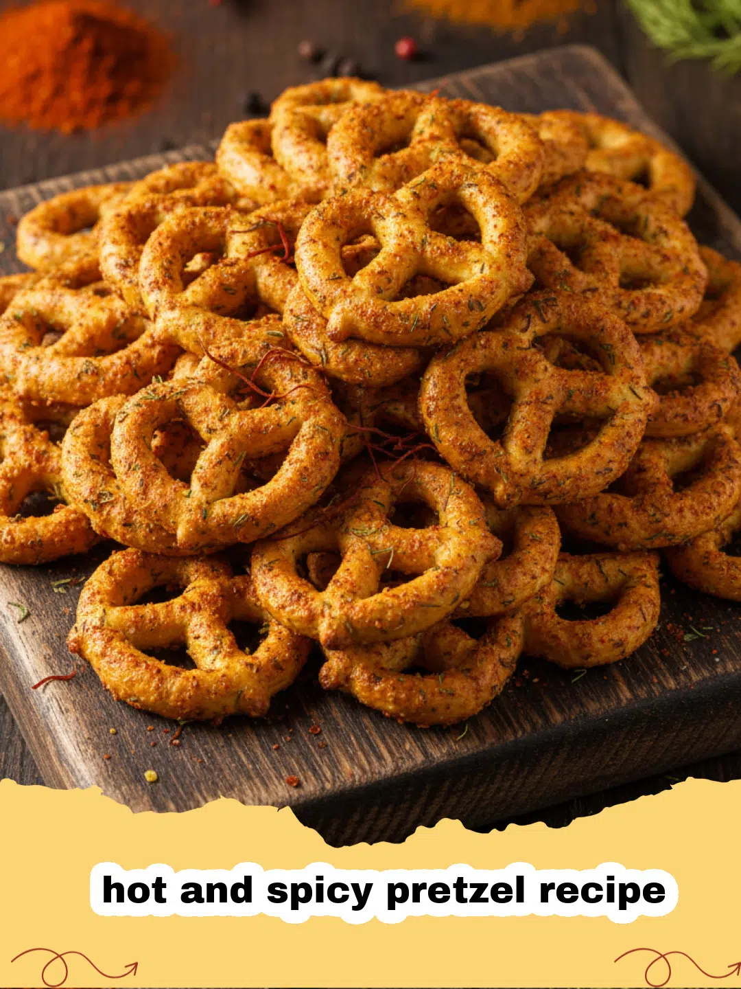 hot and spicy pretzel recipe - A close up shot of golden brown hot and spicy pretzels coated in red spices in a wooden bowl.