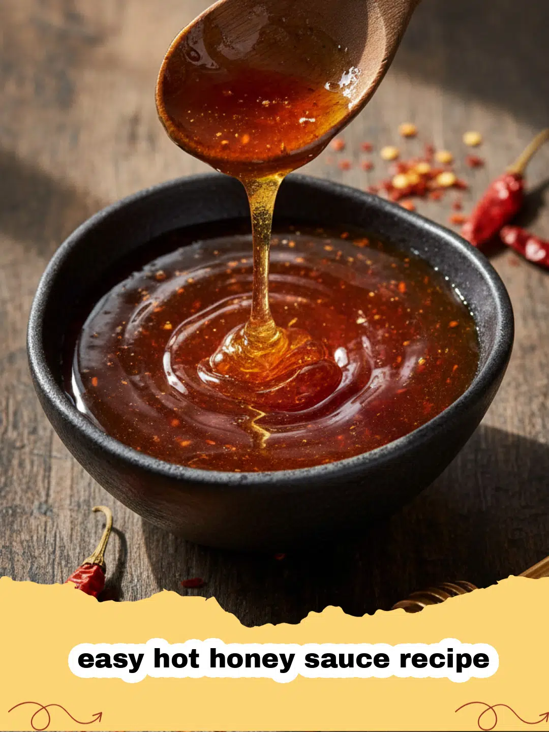 easy hot honey sauce recipe - A jar of golden hot honey sauce with chili flakes visible inside.
