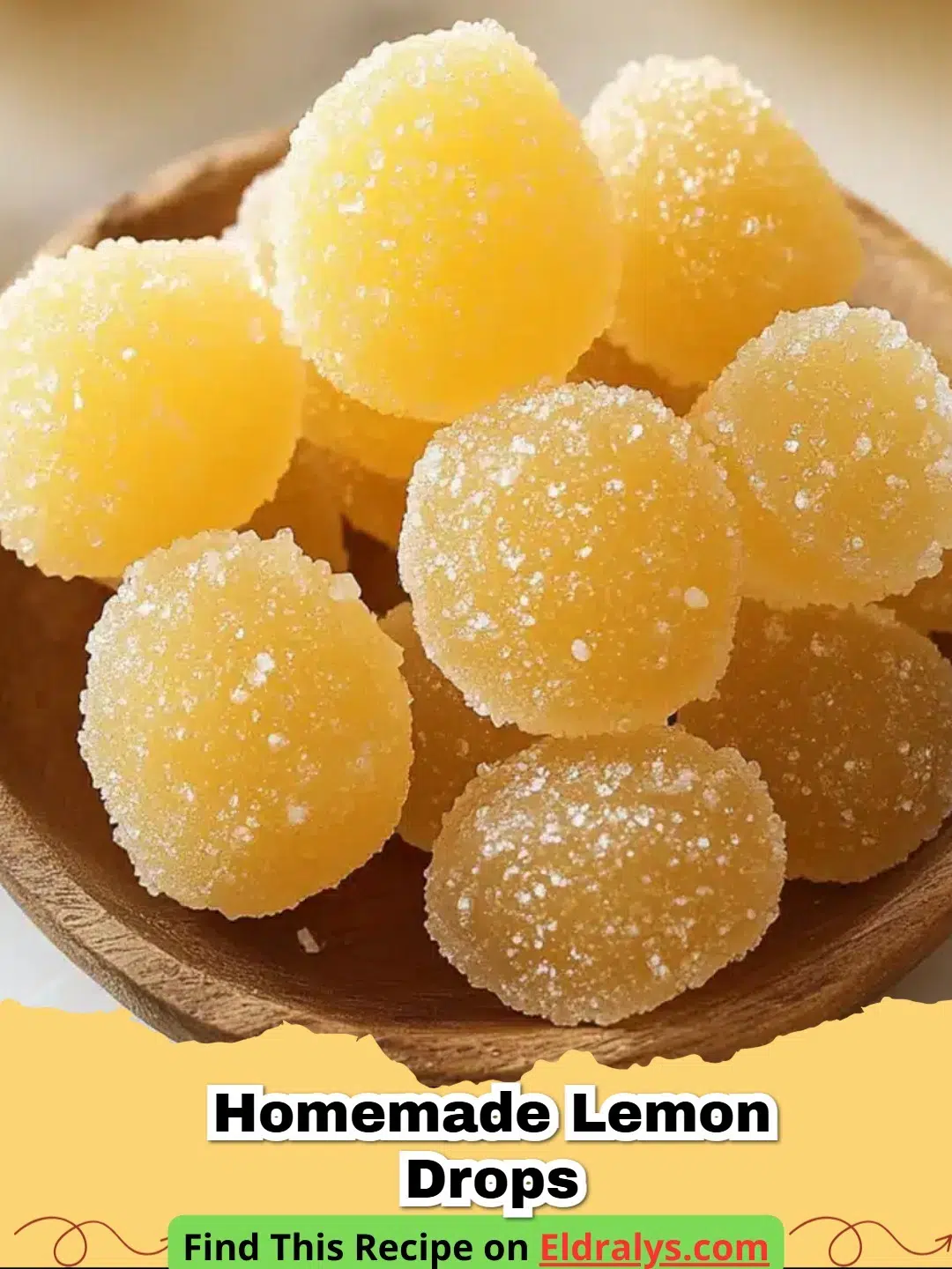 Golden yellow Homemade Lemon Drops coated in white sugar