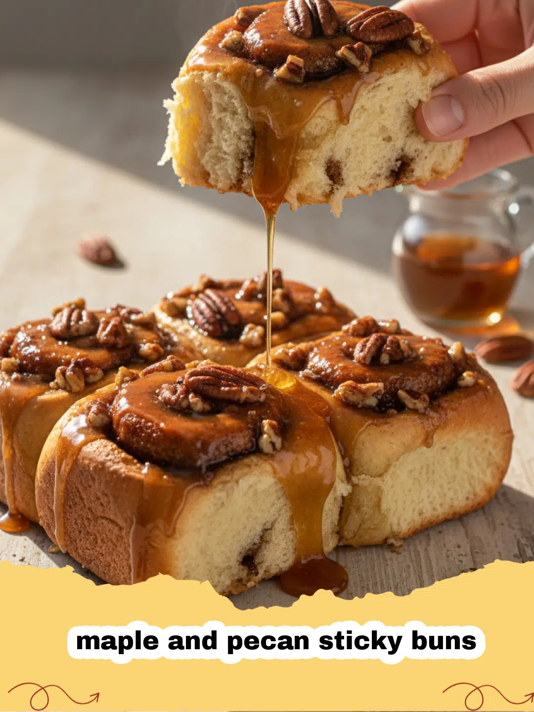 Golden brown maple and pecan sticky buns with gooey glaze and toasted pecans.