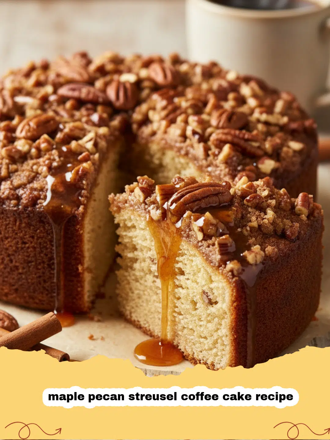 maple pecan streusel coffee cake recipe - A close-up shot of a slice of Maple Pecan Streusel Coffee Cake showing the middle streusel layer and golden topping.