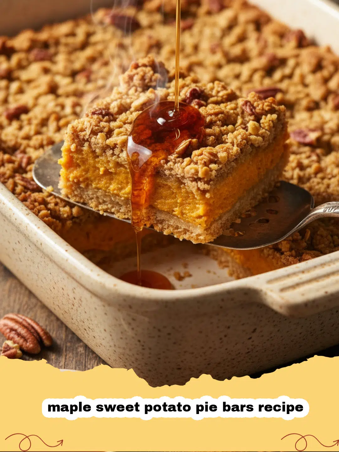 maple sweet potato pie bars recipe - A close-up of a maple sweet potato pie bar on a wooden board