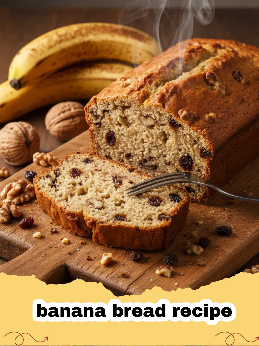 banana bread recipe - A golden brown loaf of moist banana bread sliced on a wooden board