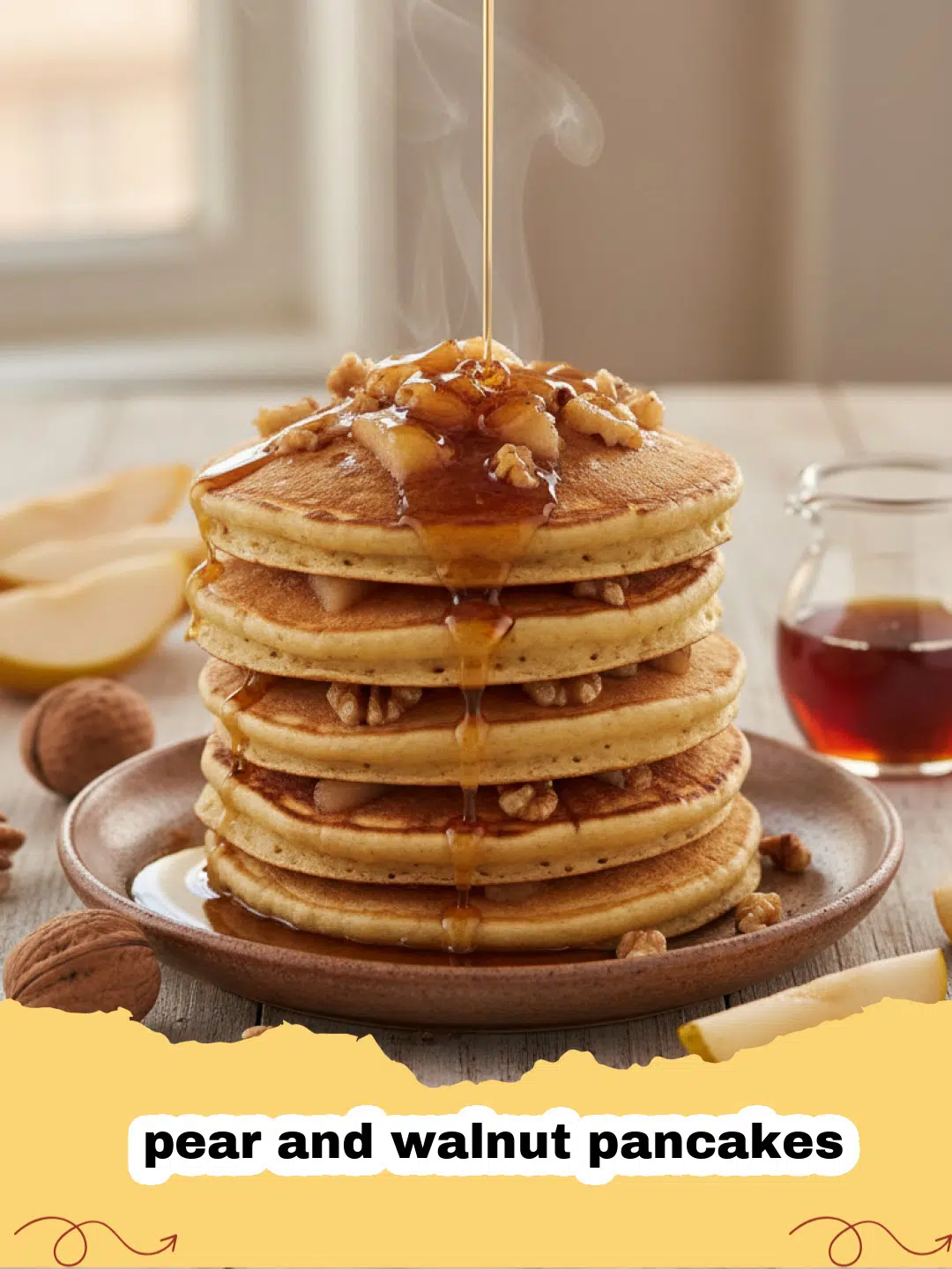 A stack of pear and walnut pancakes topped with fresh pear slices and syrup