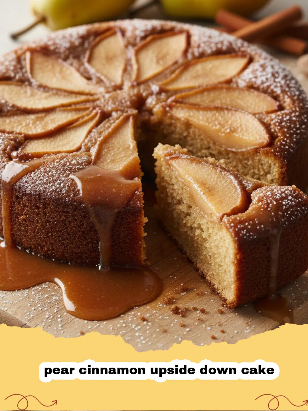 A golden brown pear cinnamon upside down cake with caramelized pear slices on a white plate.