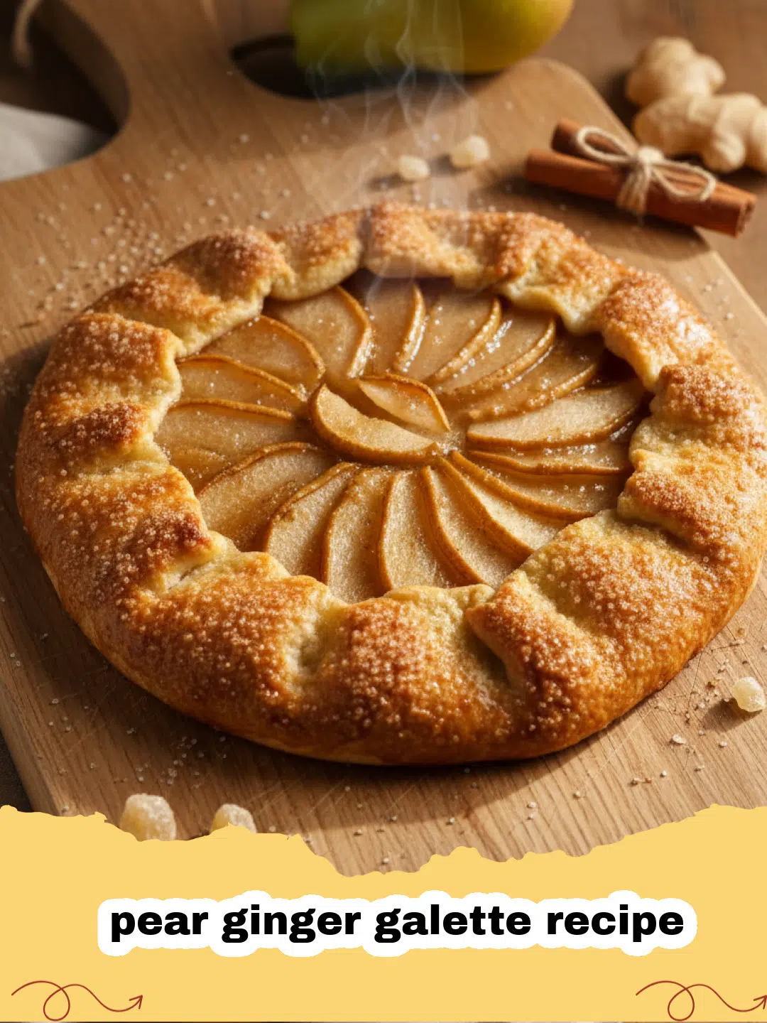 pear ginger galette recipe - A golden brown pear ginger galette on parchment paper with sliced pears and a flaky crust.