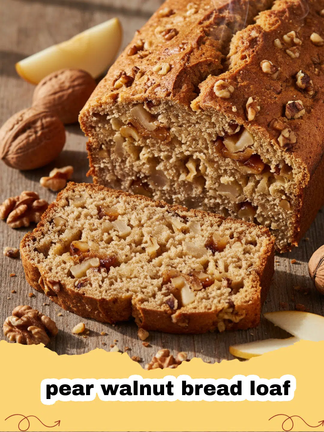 A thick slice of golden-brown pear walnut bread loaf on a wooden cutting board.