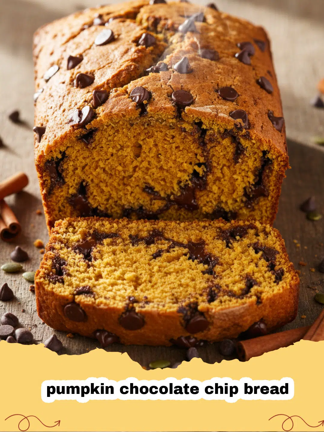 A thick slice of moist pumpkin chocolate chip bread on a wooden board.
