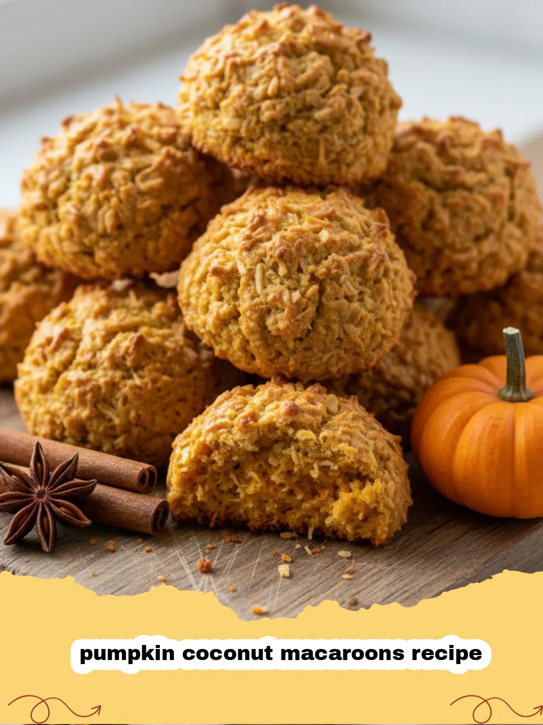 pumpkin coconut macaroons recipe - A tray of golden-brown pumpkin coconut macaroons garnished with a pinch of cinnamon.