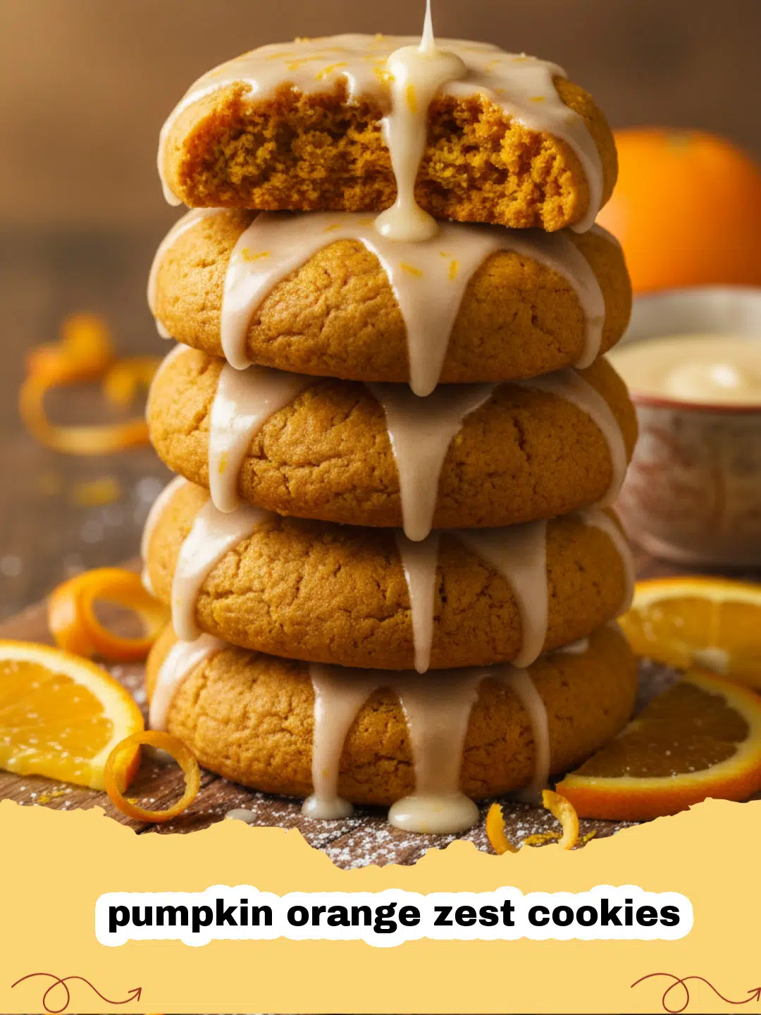 A pile of soft pumpkin orange zest cookies on a wooden plate surrounded by orange slices and cinnamon sticks.