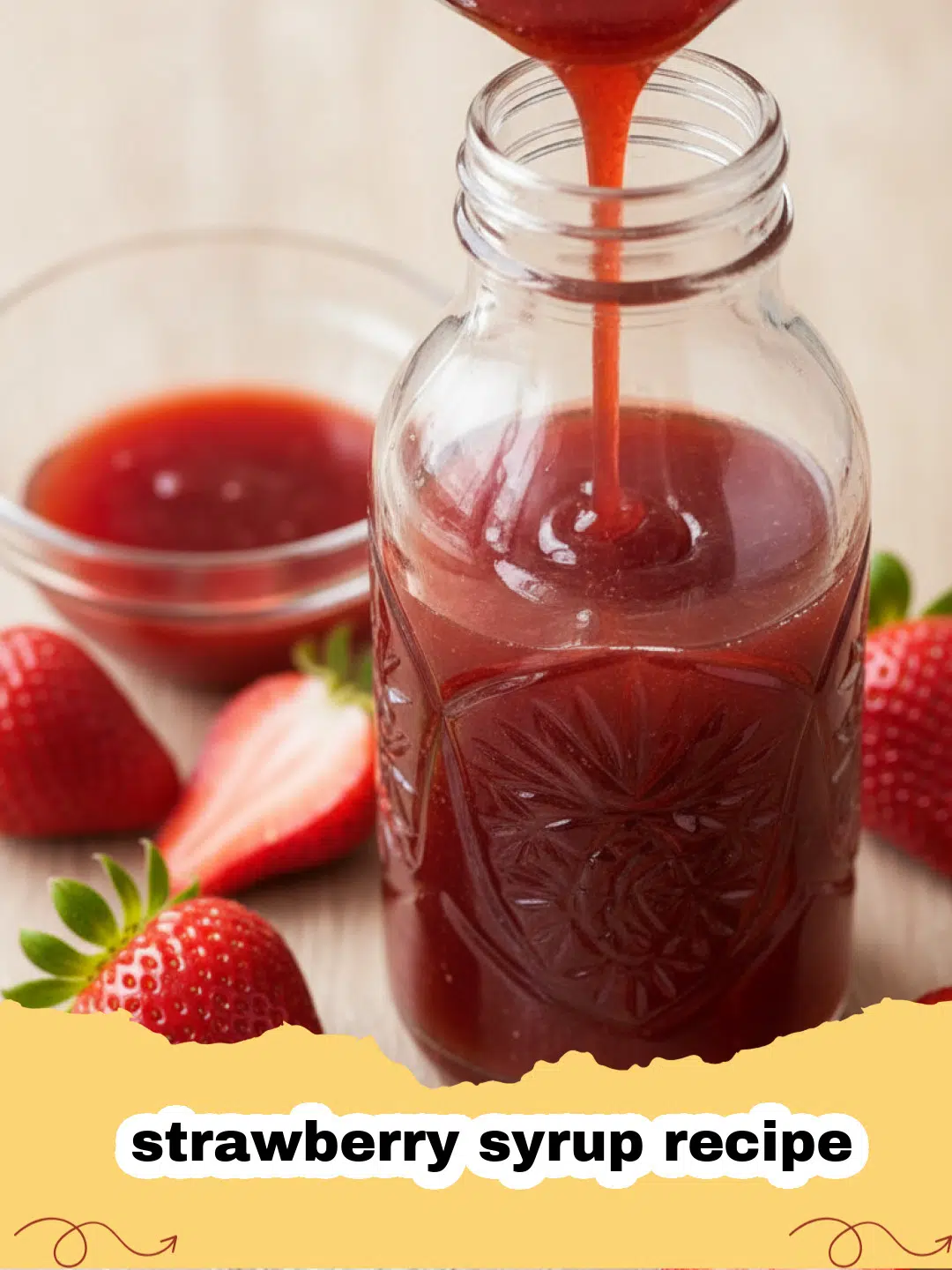 strawberry syrup recipe - A clear glass jar filled with bright red homemade strawberry syrup next to fresh berries.