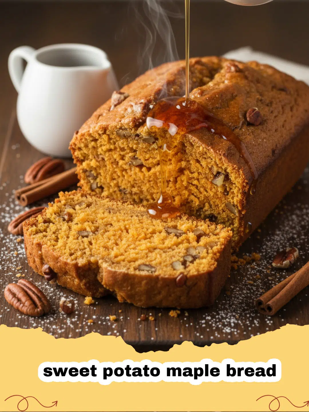A thick slice of moist sweet potato maple bread on a wooden board