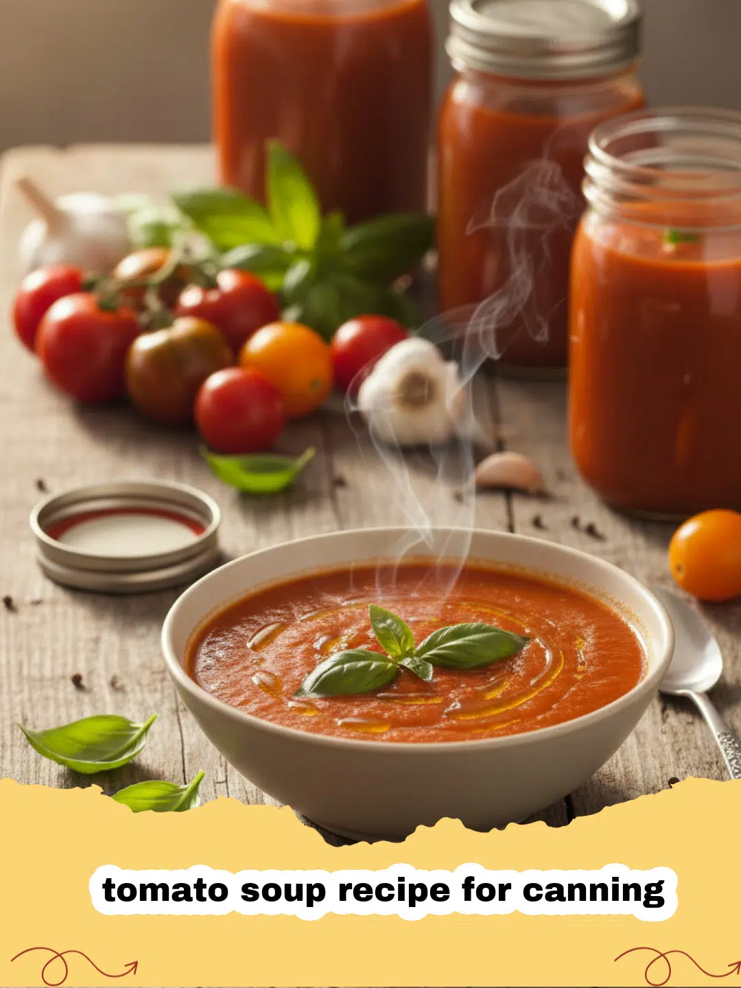 tomato soup recipe for canning - Rows of vibrant red jars containing homemade tomato soup for canning on a wooden shelf.