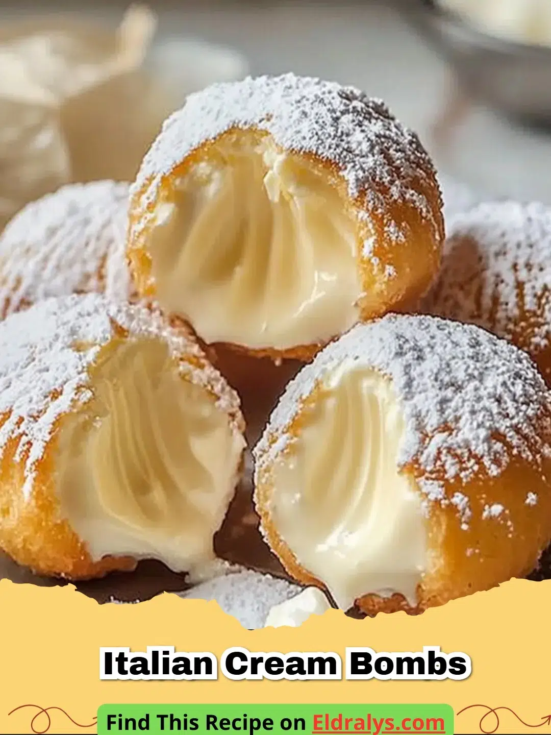 A stack of sugar-coated Italian Cream Bombs with vanilla pastry cream oozing out of the side.