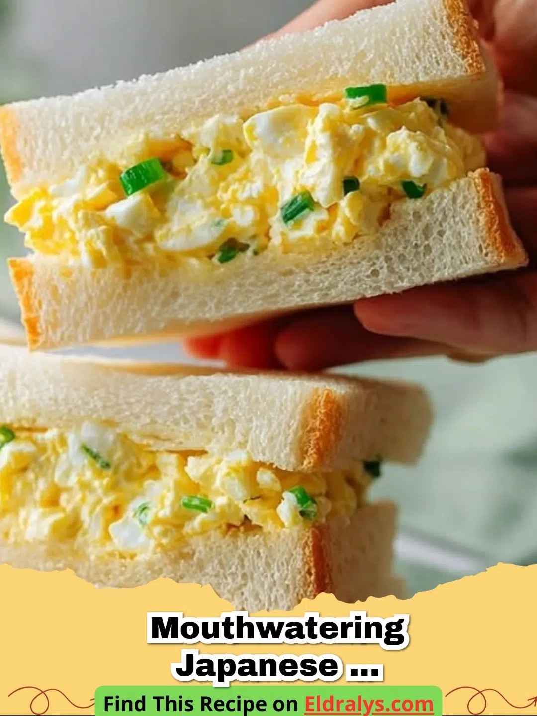 A close up of a Mouthwatering Japanese Egg Sandwich with a jammy egg center